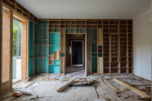 Interior of a room with wood paneling and a closed door.